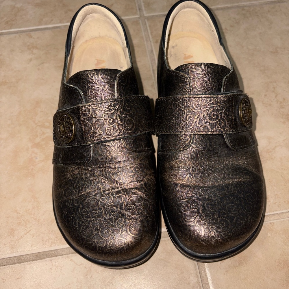 Alegria Bronze Floral Embossed Leather Clog Mules
